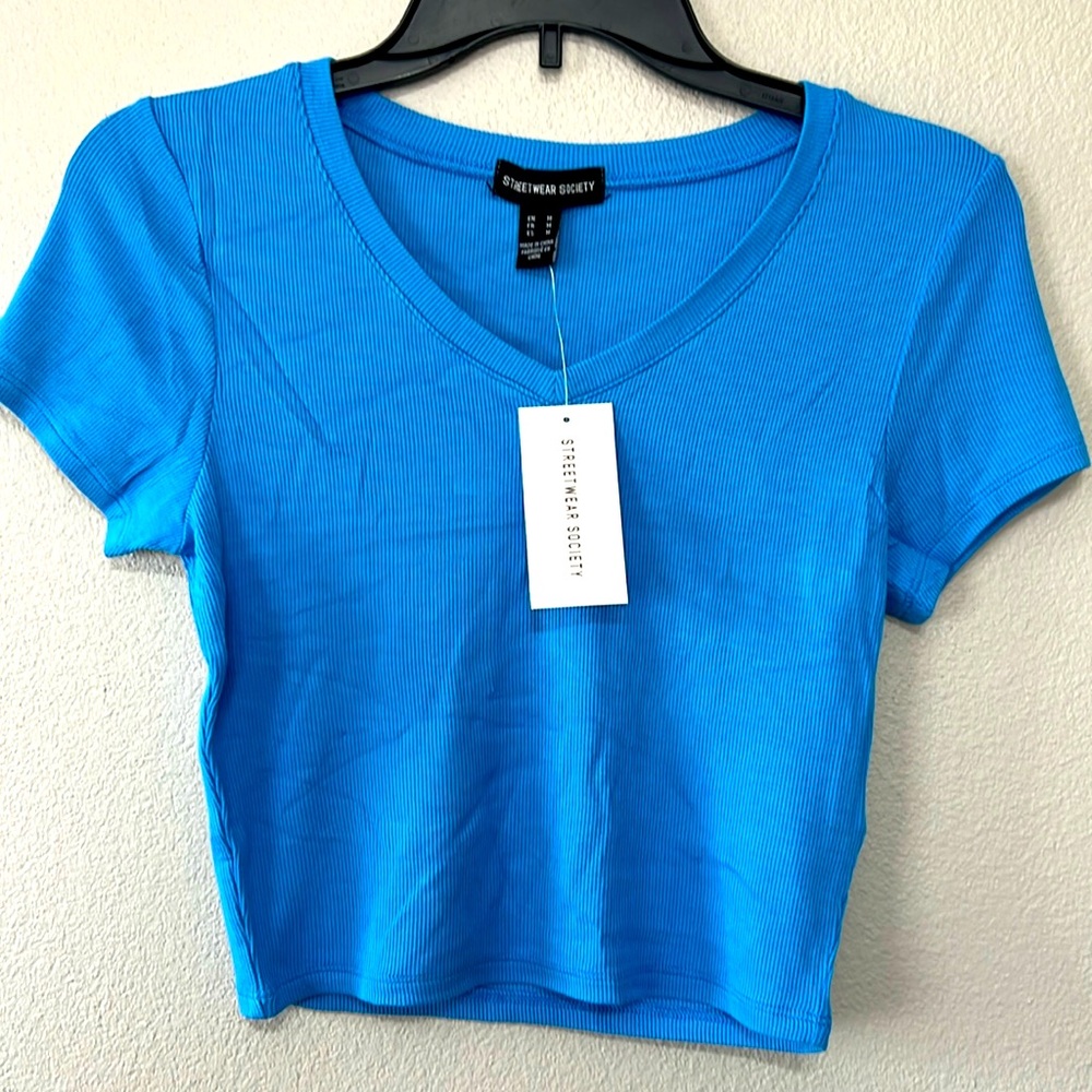 Women’s ribbed cropped top V-neck‎ short sleeve blue multiple sizes